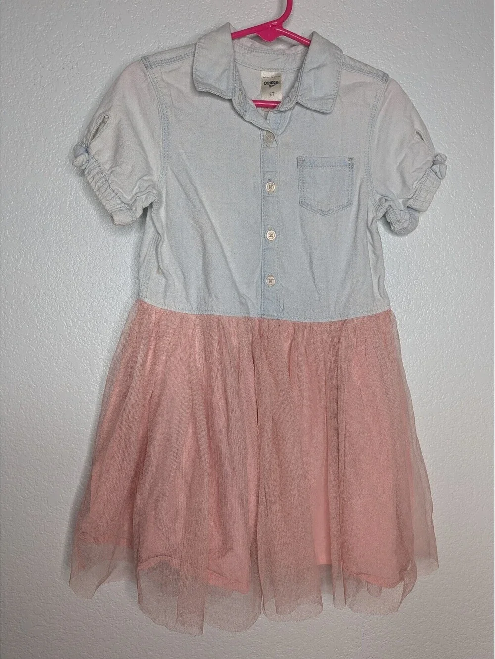 OshKosh Girls Chambray Tulle Dress Light Blue Pink Size 5T
